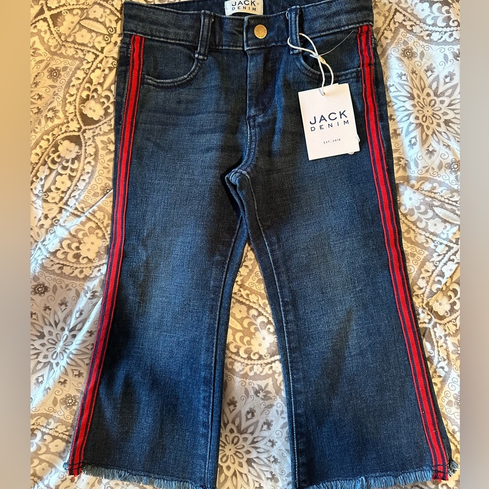 $5 NWT JANIE & JACK Denim Blue w/ Red Stripe Crop Jeans size 4